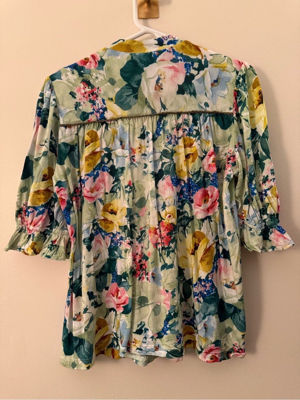 Anthropologie Floral Embroidered V-Neck Peasant Top - Green Multi. - Picture 2 of 10